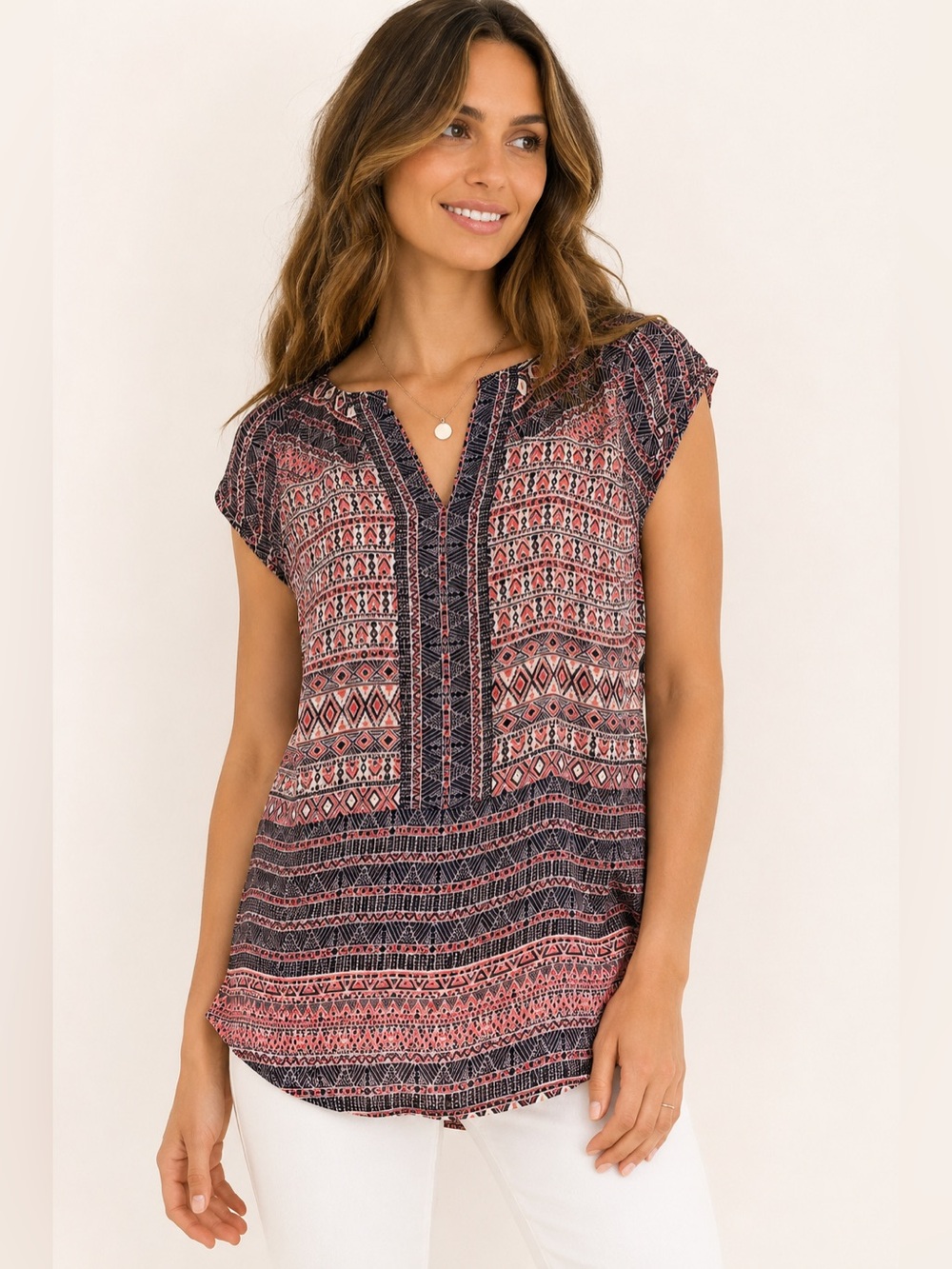 NIC+ZOE Boho Aztec Print Tunic Top Lightweight Split Neck Size Small